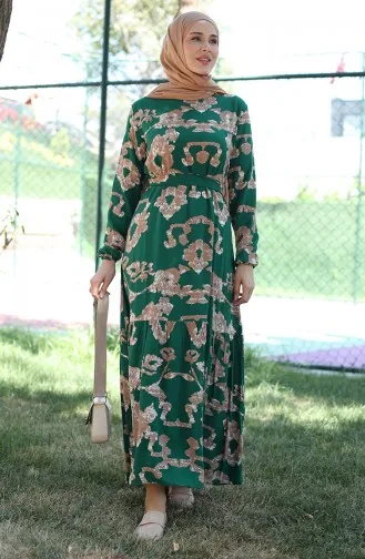 Desenli Viskon Elbise 81872A-04 Yeşil Vizon
