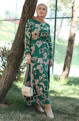 Desenli Viskon Elbise 81872A-04 Yeşil Vizon