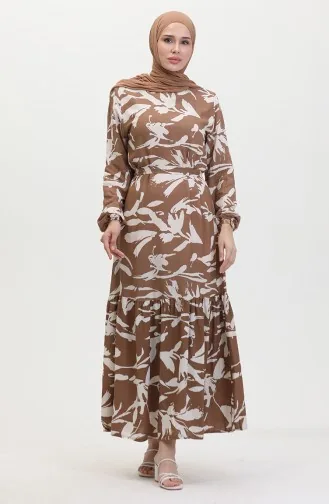 Desenli Kuşaklı Elbise 0444-04 Kahverengi