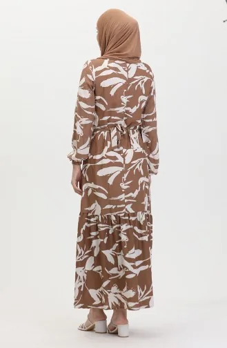 Desenli Kuşaklı Elbise 0444-04 Kahverengi