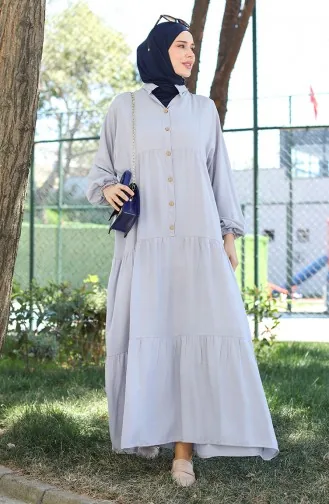 Elastic Sleeve Buttoned Dress 0463-05 Light Gray 0463-05