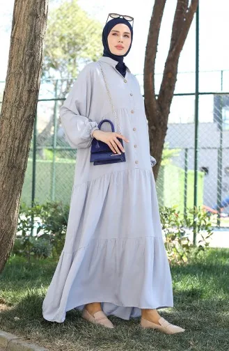 Elastic Sleeve Buttoned Dress 0463-05 Light Gray 0463-05