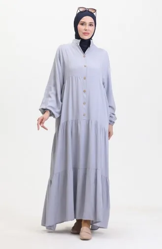 Elastic Sleeve Buttoned Dress 0463-05 Light Gray 0463-05