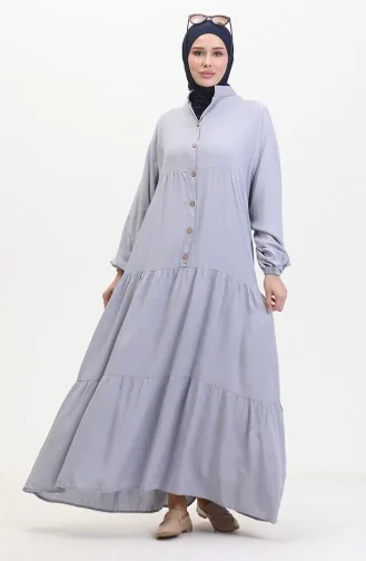 Elastic Sleeve Buttoned Dress 0463-05 Light Gray 0463-05