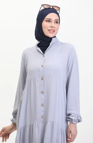 Elastic Sleeve Buttoned Dress 0463-05 Light Gray 0463-05