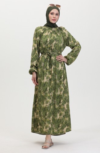 Gemustertes Kleid Mit Gürtel 0454-03 Hellkhakigrün 0454-03