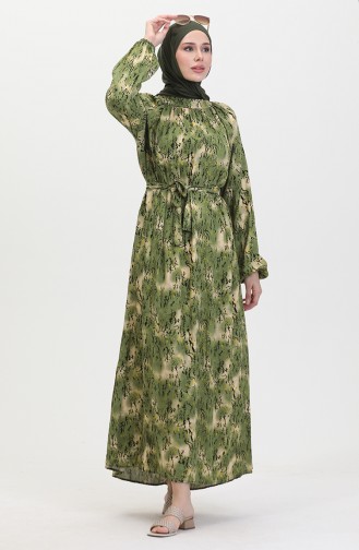 Gemustertes Kleid Mit Gürtel 0454-03 Hellkhakigrün 0454-03