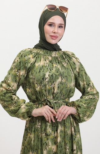 Gemustertes Kleid Mit Gürtel 0454-03 Hellkhakigrün 0454-03
