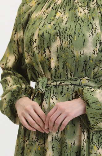 Gemustertes Kleid Mit Gürtel 0454-03 Hellkhakigrün 0454-03