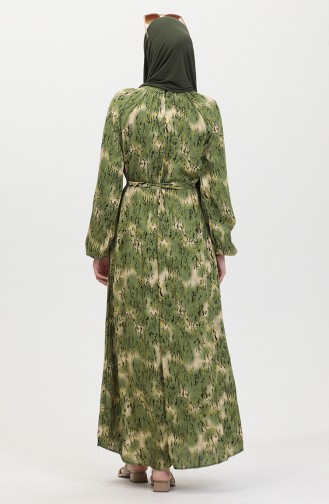 Gemustertes Kleid Mit Gürtel 0454-03 Hellkhakigrün 0454-03
