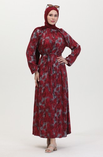 Robe à Motifs Et Ceinture 0454-01 Rouge Claret 0454-01