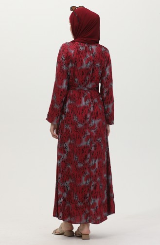 Robe à Motifs Et Ceinture 0454-01 Rouge Claret 0454-01