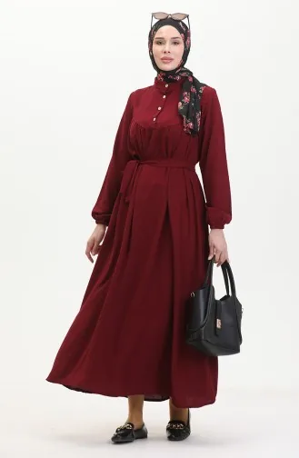 Buttoned Belted Dress 0462-03 Claret Red 0462-03