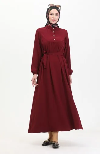Buttoned Belted Dress 0462-03 Claret Red 0462-03