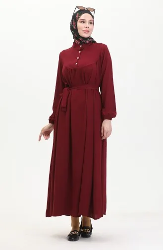 Buttoned Belted Dress 0462-03 Claret Red 0462-03