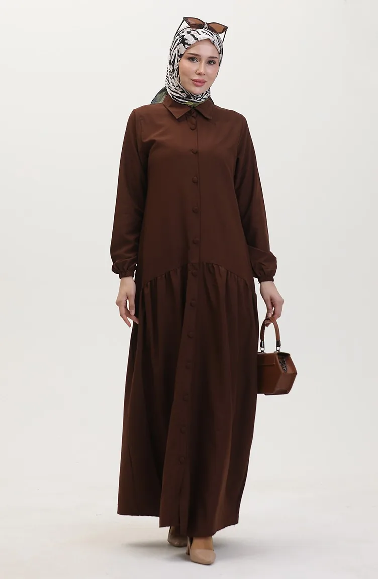 Buttoned Pleated Dress 0449-01 Brown 0449-01