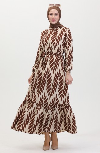 Yaprak Desenli Kuşaklı Viskon Elbise 0452-03 Kahverengi Vizon