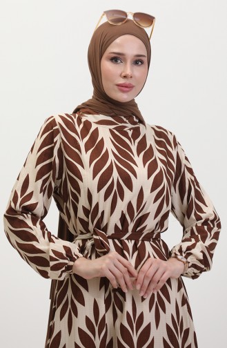 Yaprak Desenli Kuşaklı Viskon Elbise 0452-03 Kahverengi Vizon