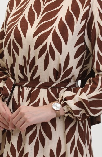 Yaprak Desenli Kuşaklı Viskon Elbise 0452-03 Kahverengi Vizon