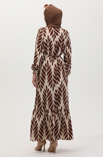 Yaprak Desenli Kuşaklı Viskon Elbise 0452-03 Kahverengi Vizon