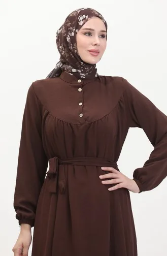 فستان بتصميم حزام للخصر وأزرار 0462-05 لون بني 0462-05