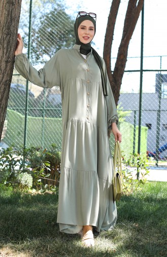 Geknöpftes Kleid Mit Elastischen Ärmeln 0463-02 Schimmelgrün 0463-02