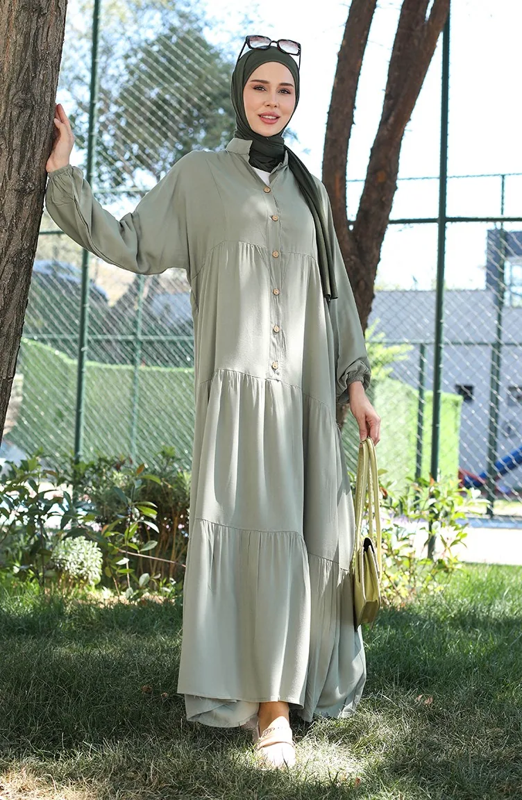 Robe Boutonnée Manches élastiquées 0463-02 Vert Moule 0463-02