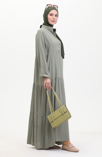 Geknöpftes Kleid Mit Elastischen Ärmeln 0463-02 Schimmelgrün 0463-02