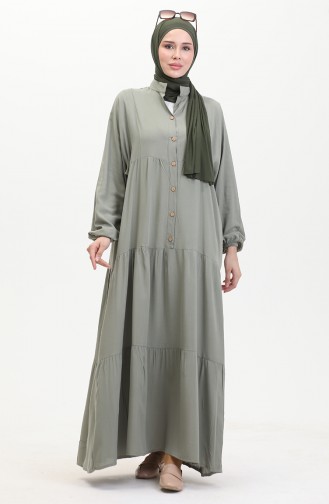 Geknöpftes Kleid Mit Elastischen Ärmeln 0463-02 Schimmelgrün 0463-02