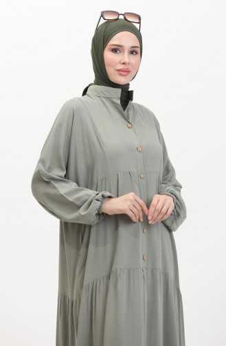 Geknöpftes Kleid Mit Elastischen Ärmeln 0463-02 Schimmelgrün 0463-02