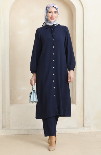 Front Buttoned Tunic Trousers Two Piece Suit 1008-04 Navy Blue 1008-04