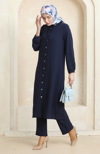 Front Buttoned Tunic Trousers Two Piece Suit 1008-04 Navy Blue 1008-04