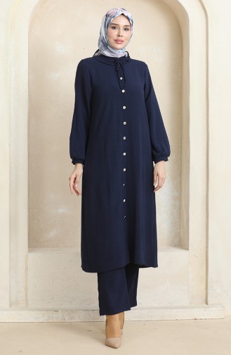 Front Buttoned Tunic Trousers Two Piece Suit 1008-04 Navy Blue 1008-04