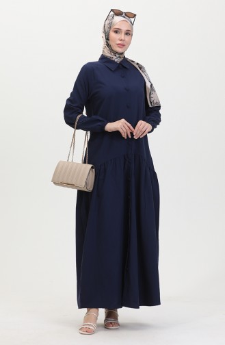 Geknöpftes Gerafftes Kleid 0449-03 Marineblau 0449-03