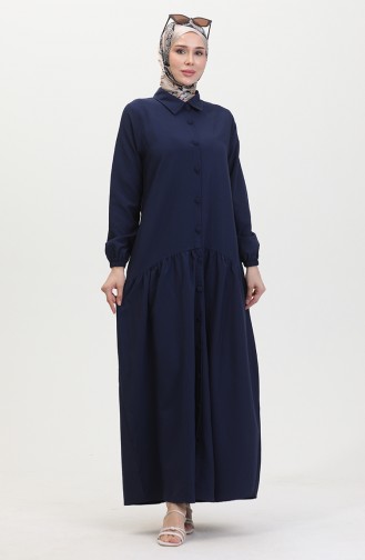 Geknöpftes Gerafftes Kleid 0449-03 Marineblau 0449-03