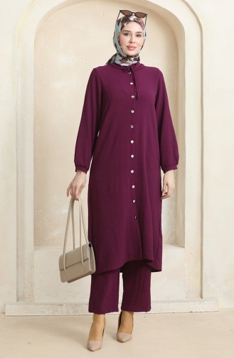 Ensemble Double Pantalon Tunique Boutonné Devant 1008-01 Prune 1008-01