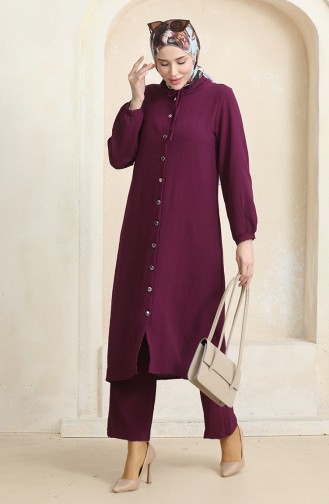 Ensemble Double Pantalon Tunique Boutonné Devant 1008-01 Prune 1008-01
