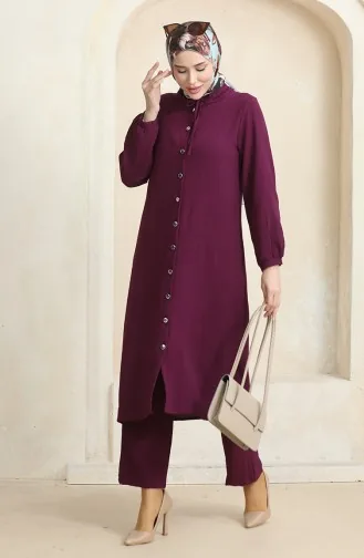 Ensemble Double Pantalon Tunique Boutonné Devant 1008-01 Prune 1008-01