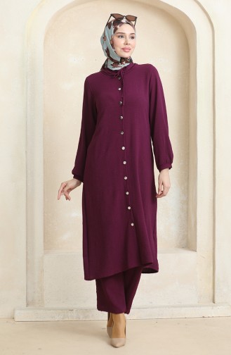 Ensemble Double Pantalon Tunique Boutonné Devant 1008-01 Prune 1008-01