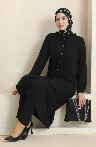 Front Buttoned Tunic Trousers Two Piece Suit 1008-03 Black 1008-03