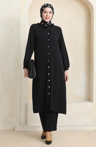 Front Buttoned Tunic Trousers Two Piece Suit 1008-03 Black 1008-03