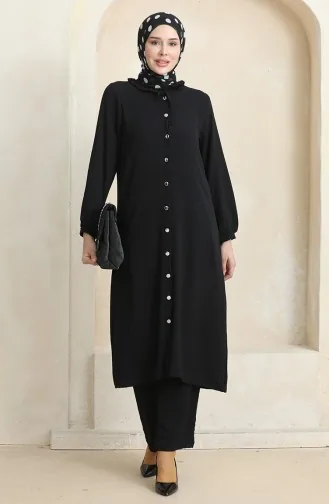 Front Buttoned Tunic Trousers Two Piece Suit 1008-03 Black 1008-03