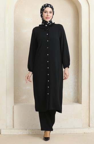 Front Buttoned Tunic Trousers Two Piece Suit 1008-03 Black 1008-03