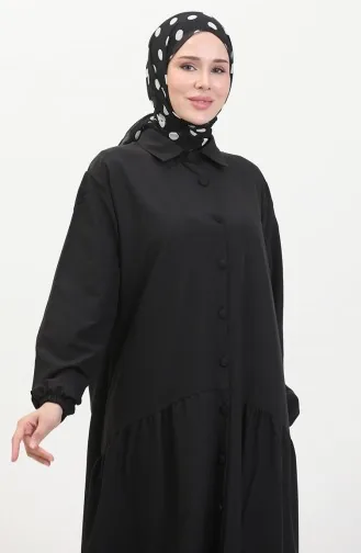 Boydan Düğmeli Büzgülü Elbise 0449-05 Siyah