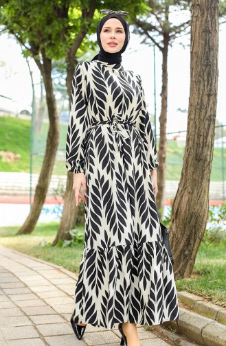 Leaf Patterned Belted Viscose Dress 0452-02 Black Cream 0452-02