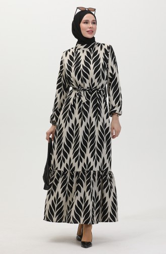 Leaf Patterned Belted Viscose Dress 0452-02 Black Cream 0452-02