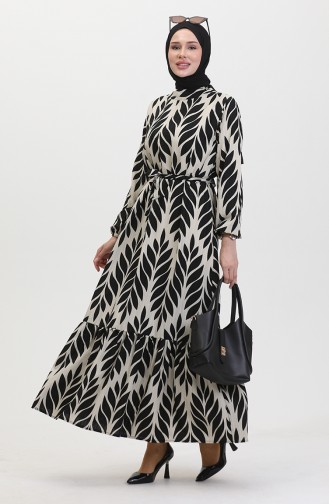 Leaf Patterned Belted Viscose Dress 0452-02 Black Cream 0452-02