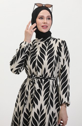 Leaf Patterned Belted Viscose Dress 0452-02 Black Cream 0452-02