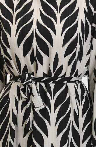 Leaf Patterned Belted Viscose Dress 0452-02 Black Cream 0452-02
