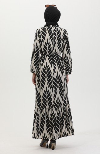 Leaf Patterned Belted Viscose Dress 0452-02 Black Cream 0452-02
